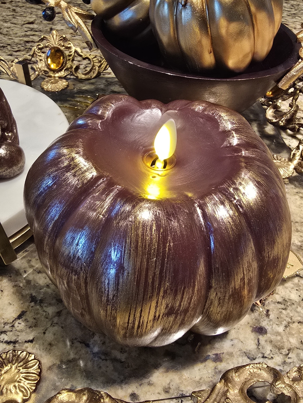 Metallic Cappuccino Flameless Candle Pumpkin - Cappuccino